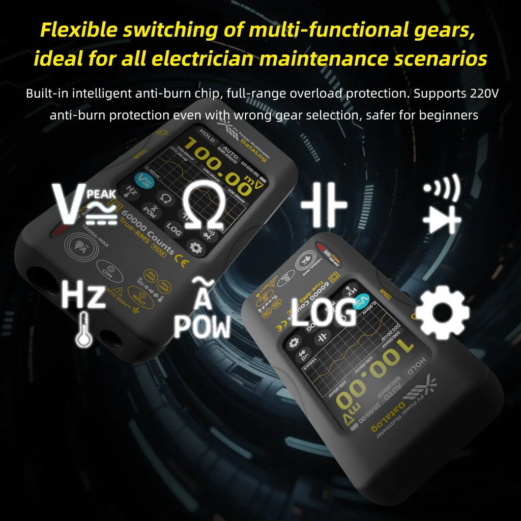 BSIDE S600A measurement modes: voltage, resistance, capacitance, continuity, frequency, power, logging