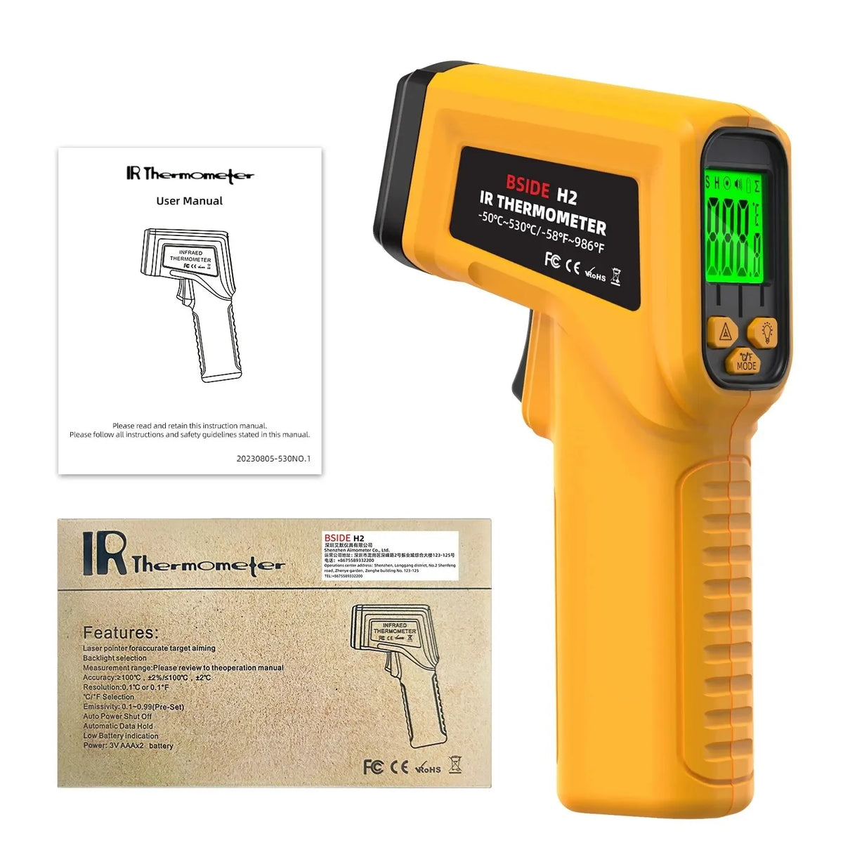 BSIDE H2 Infrared Thermometer -50~530°C with 12:1 Laser Ratio